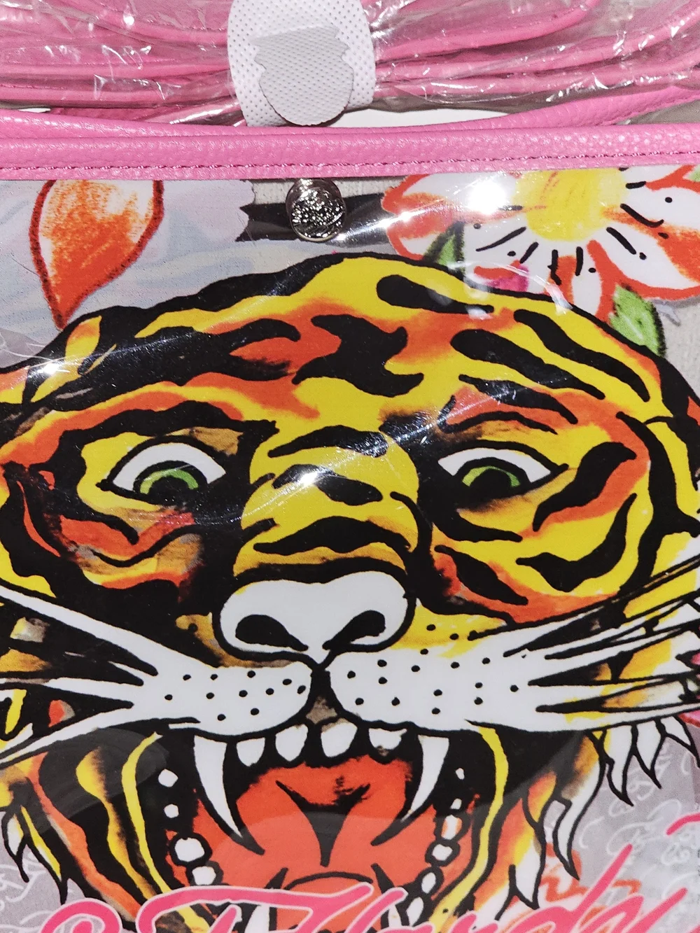 Ed Hardy Pink Clear Crossbody with Bold Tiger Graphic